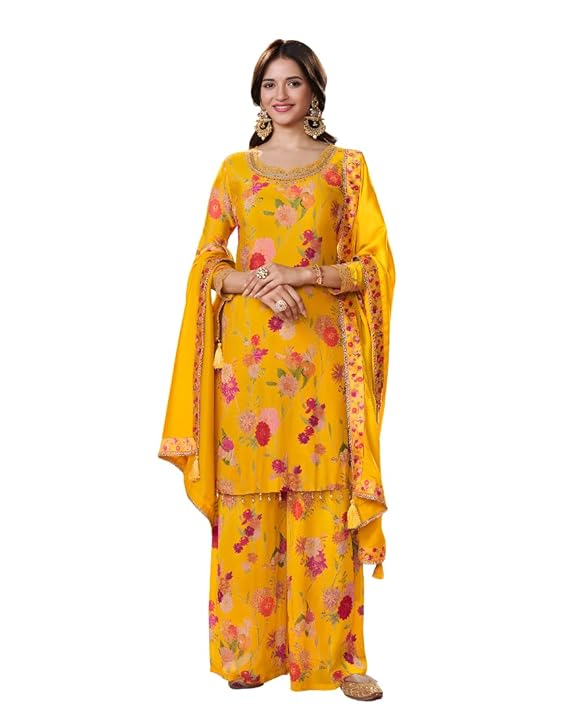 Designer Floral Print Palazzo Suit Set, Embroidered Neckline, Collection in Beige, Black and Yellow, Red - Image 3