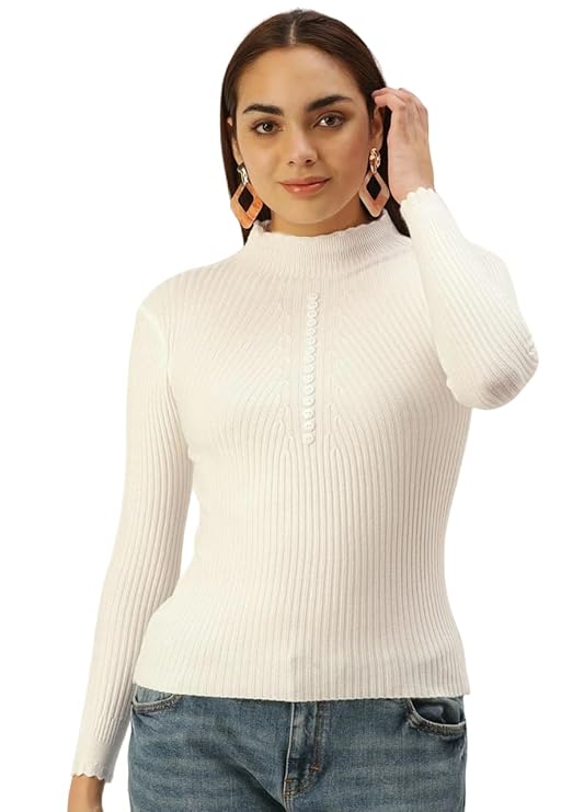 CRAMPLE®Women Knit-Rib Stretchable Winter High Neck Full Sleeves Pull Over Top (One Size Bust 28-34 Inch)
