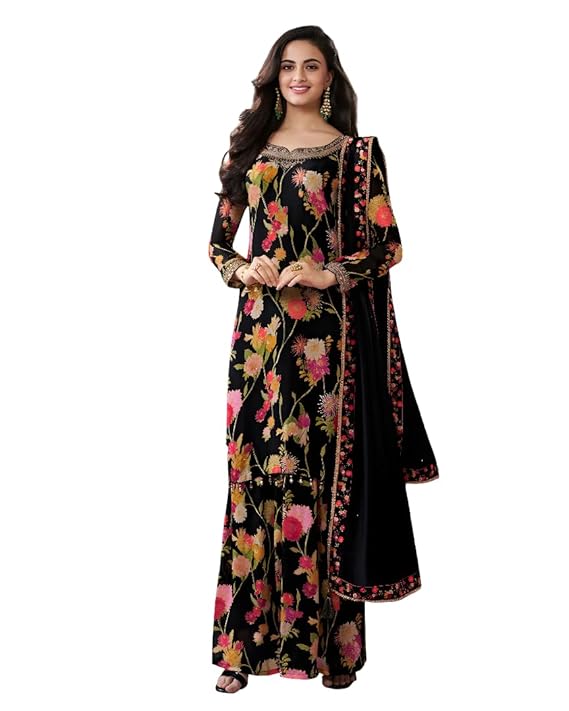 Designer Floral Print Palazzo Suit Set, Embroidered Neckline, Collection in Beige, Black and Yellow, Red