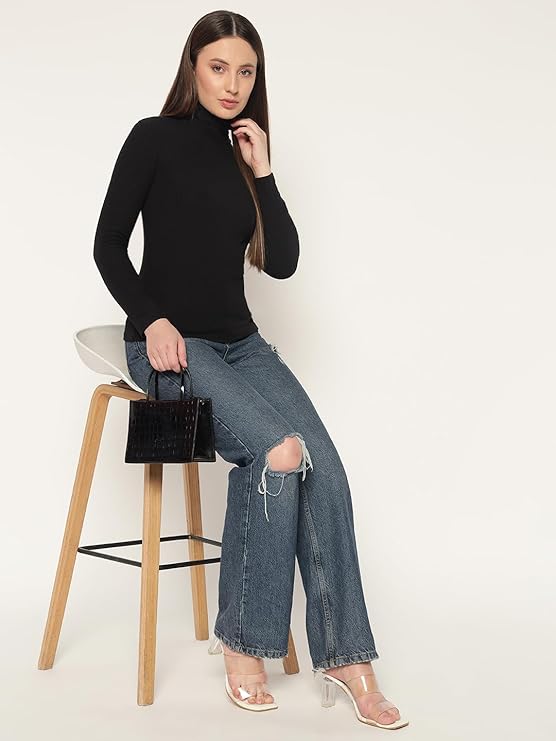 LE BOURGEOIS Women's Black Cotton Ribbed Full Sleeve Casual High neck Top - Image 5