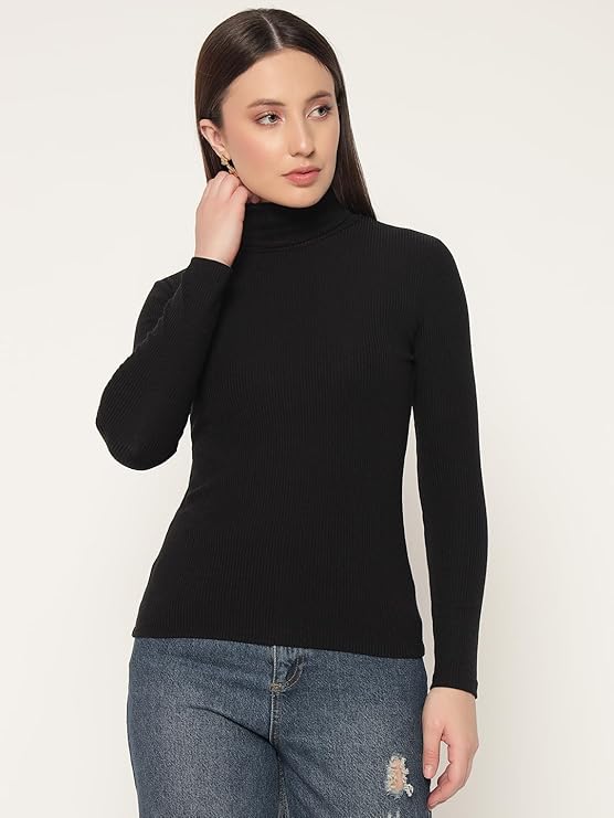 LE BOURGEOIS Women's Black Cotton Ribbed Full Sleeve Casual High neck Top