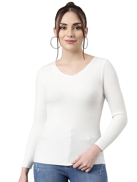 ICW Women Knit-Rib Stretchable V-Neck Full Sleeves Pull Over Sweater Top (One Size Fit XS-S) 28-34 Inch Bust 301
