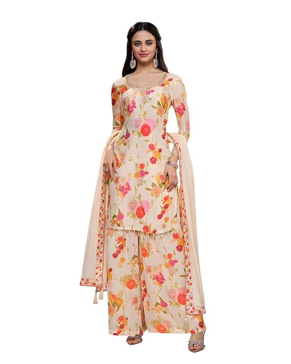 Designer Floral Print Palazzo Suit Set, Embroidered Neckline, Collection in Beige, Black and Yellow, Red - Image 6