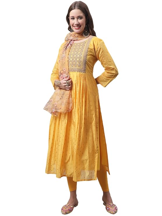 Vrede Vogel Women's Chanderi Kurta with Legging and Dupatta