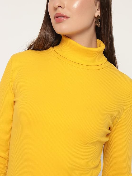 LE BOURGEOIS Women's Black Cotton Ribbed Full Sleeve Casual High neck Top - Image 3