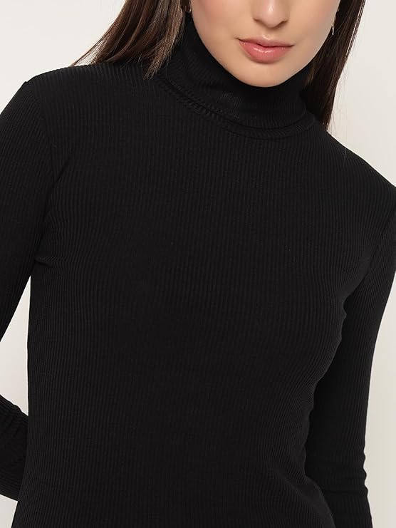 LE BOURGEOIS Women's Black Cotton Ribbed Full Sleeve Casual High neck Top - Image 2