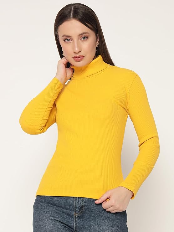 LE BOURGEOIS Women's Black Cotton Ribbed Full Sleeve Casual High neck Top - Image 4