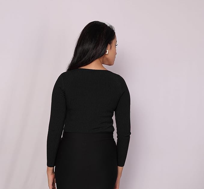 ICW Women Knit-Rib Stretchable V-Neck Full Sleeves Pull Over Sweater Top (One Size Fit XS-S) 28-34 Inch Bust 301 - Image 2