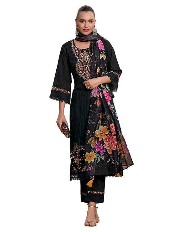 INDO ERA Women's Pure Cotton Embroidered Straight Kurta Pant With Dupatta Set