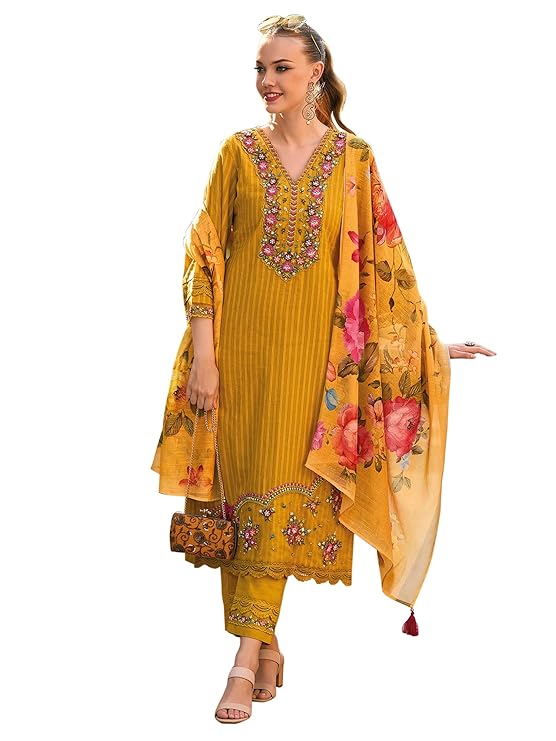 INDO ERA Women's Pure Cotton Embroidered Straight Kurta Pant With Dupatta Set - Image 5