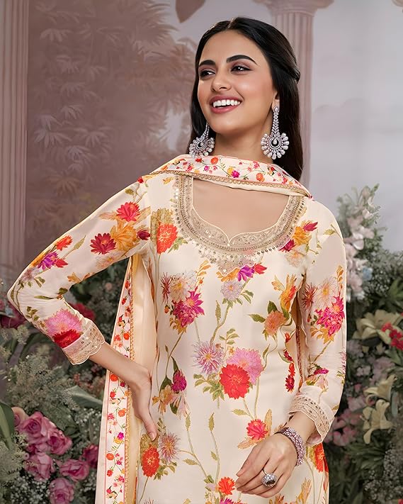 Designer Floral Print Palazzo Suit Set, Embroidered Neckline, Collection in Beige, Black and Yellow, Red - Image 5