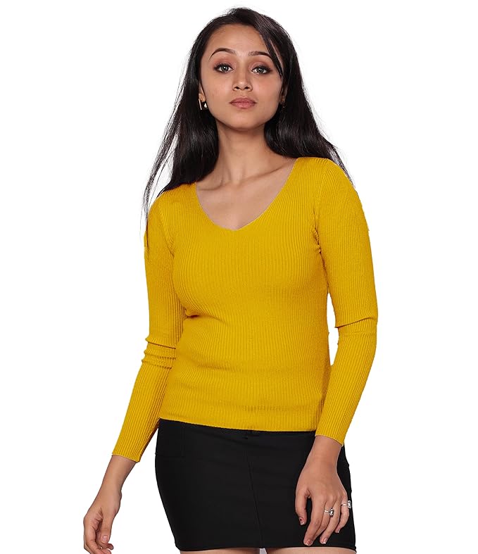 ICW Women Knit-Rib Stretchable V-Neck Full Sleeves Pull Over Sweater Top (One Size Fit XS-S) 28-34 Inch Bust 301 - Image 5