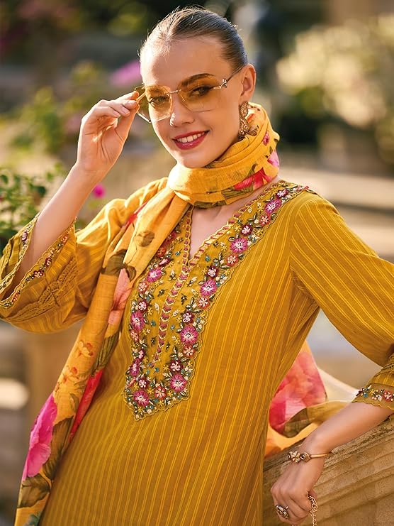 INDO ERA Women's Pure Cotton Embroidered Straight Kurta Pant With Dupatta Set - Image 4