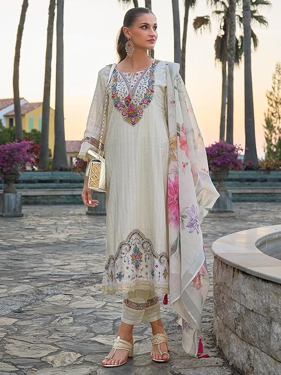 INDO ERA Women's Pure Cotton Embroidered Straight Kurta Pant With Dupatta Set - Image 3