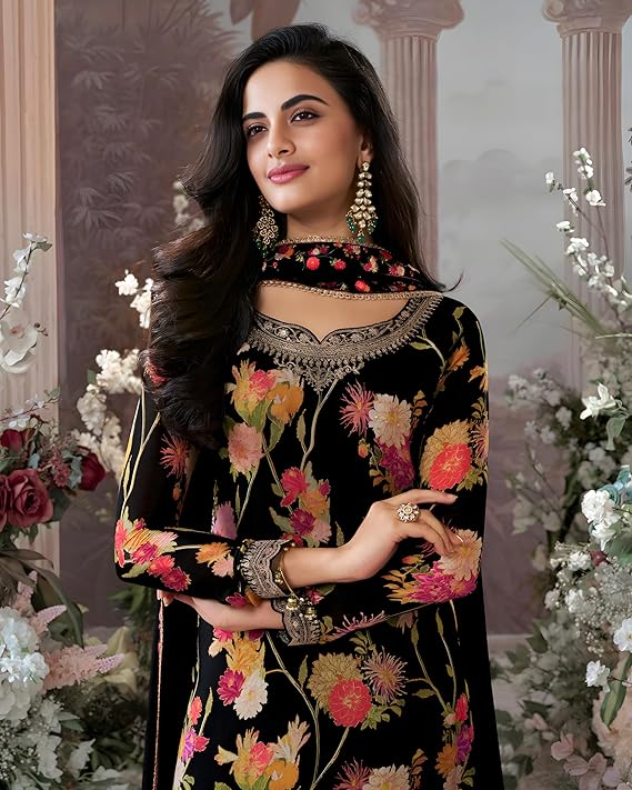 Designer Floral Print Palazzo Suit Set, Embroidered Neckline, Collection in Beige, Black and Yellow, Red - Image 4