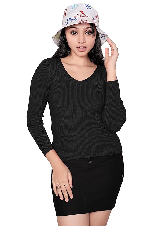 ICW Women Knit-Rib Stretchable V-Neck Full Sleeves Pull Over Sweater Top (One Size Fit XS-S) 28-34 Inch Bust 301 - Image 3