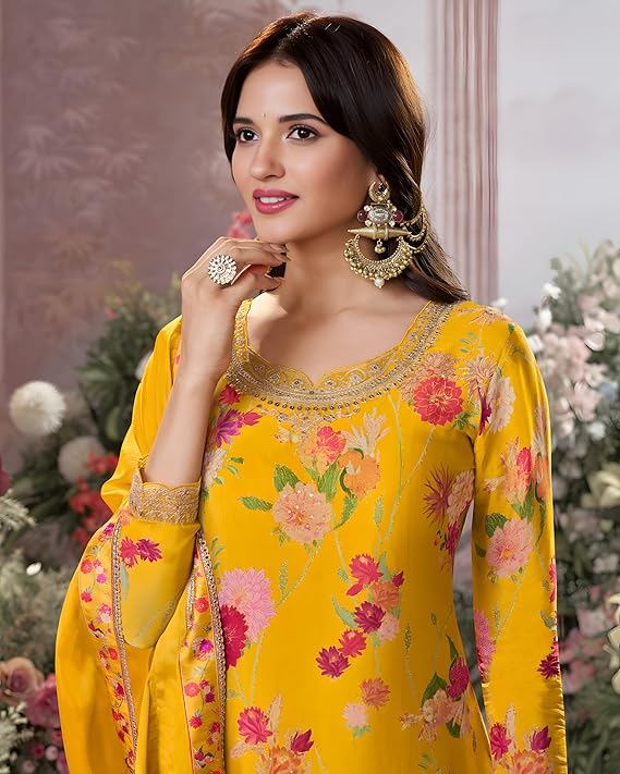 Designer Floral Print Palazzo Suit Set, Embroidered Neckline, Collection in Beige, Black and Yellow, Red - Image 2